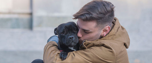 homme tenant un chien visiblement stressé